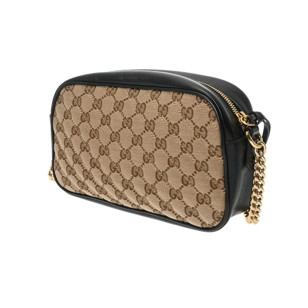 Gucci Shoulder Black Calfskin Marmont Beige Quilted GG Canvas Bag Black Tan